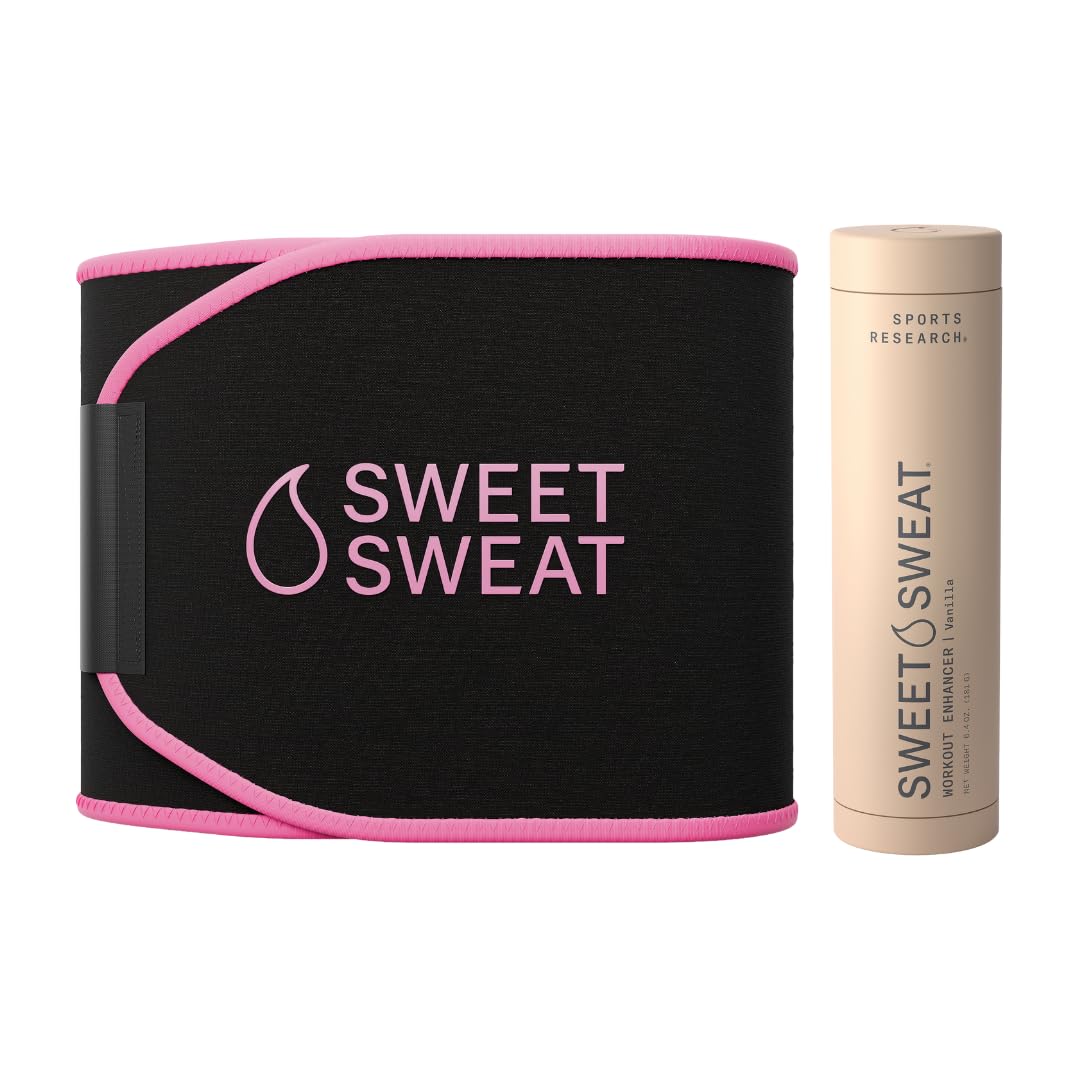 Waist Trimmer Pack - Sweet Sweat Waist Trimmer (Black/Pink, Medium) & Vanilla Workout Enhancer Roll-On Gel (6.4oz)
