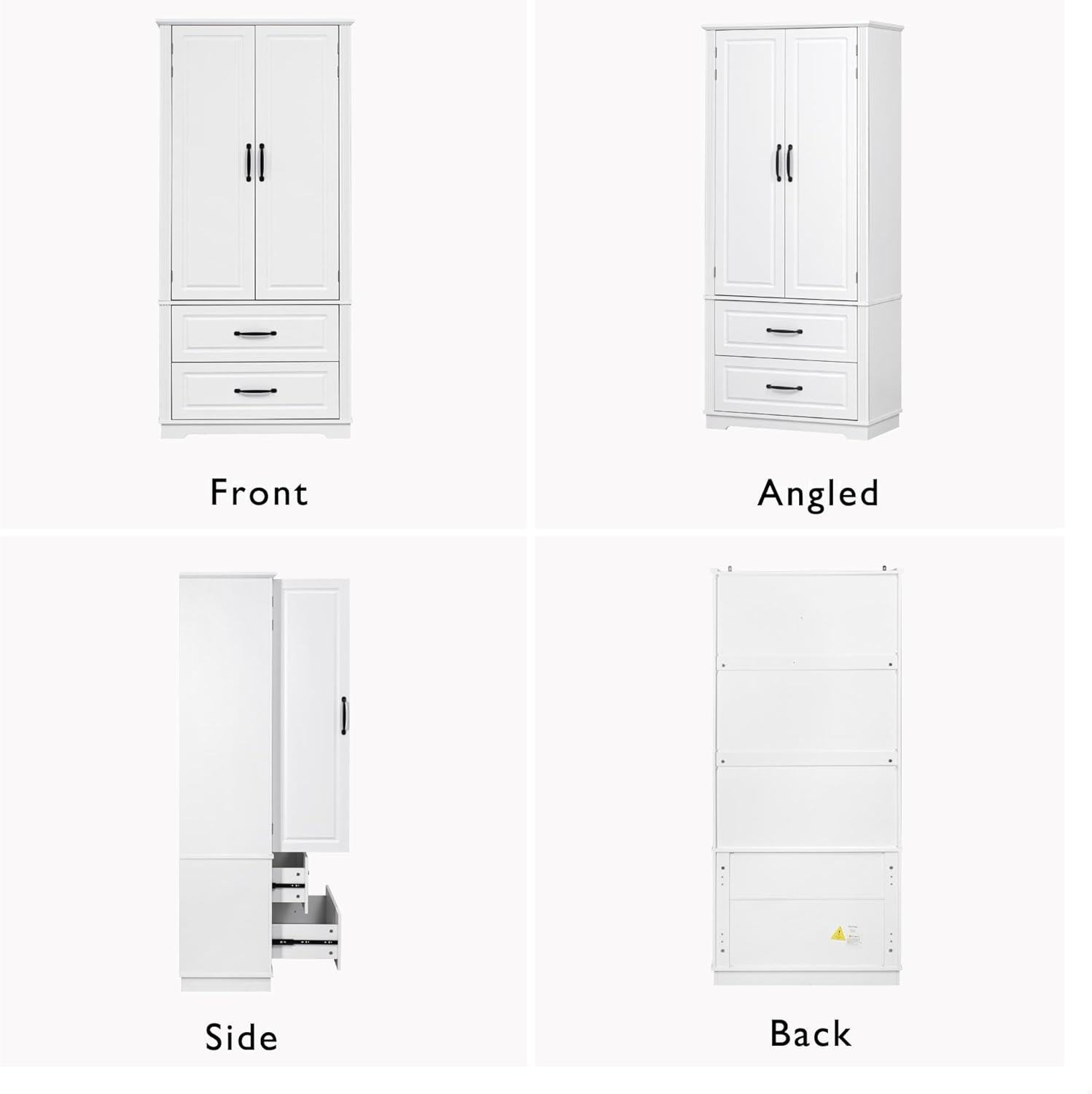 Diagram detailing the high-quality hinges, full-extension drawer rails, and anti-tip kits of the GDFStudio Farmhouse Kitchen Pantry Cabinet.