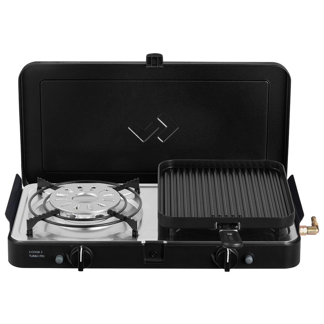 CADAC 2 Cook 3 Turbo Deluxe Grill da Tavolo Portatile - 30 mBar | BBQ Gas Esterno a 2 Fuochi, Accensione Piezo, Dispositivo Sicurezza Fiamma, Piastre di Cottura & Borsa