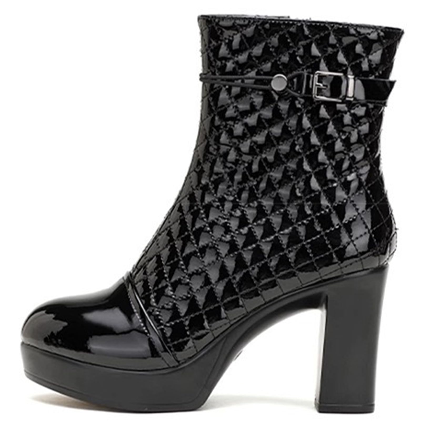 Womens Leather Platform High Heel Ankle Boots with Side Zipper Fashion Comfortable Block Heel Short Boots for Dressy
