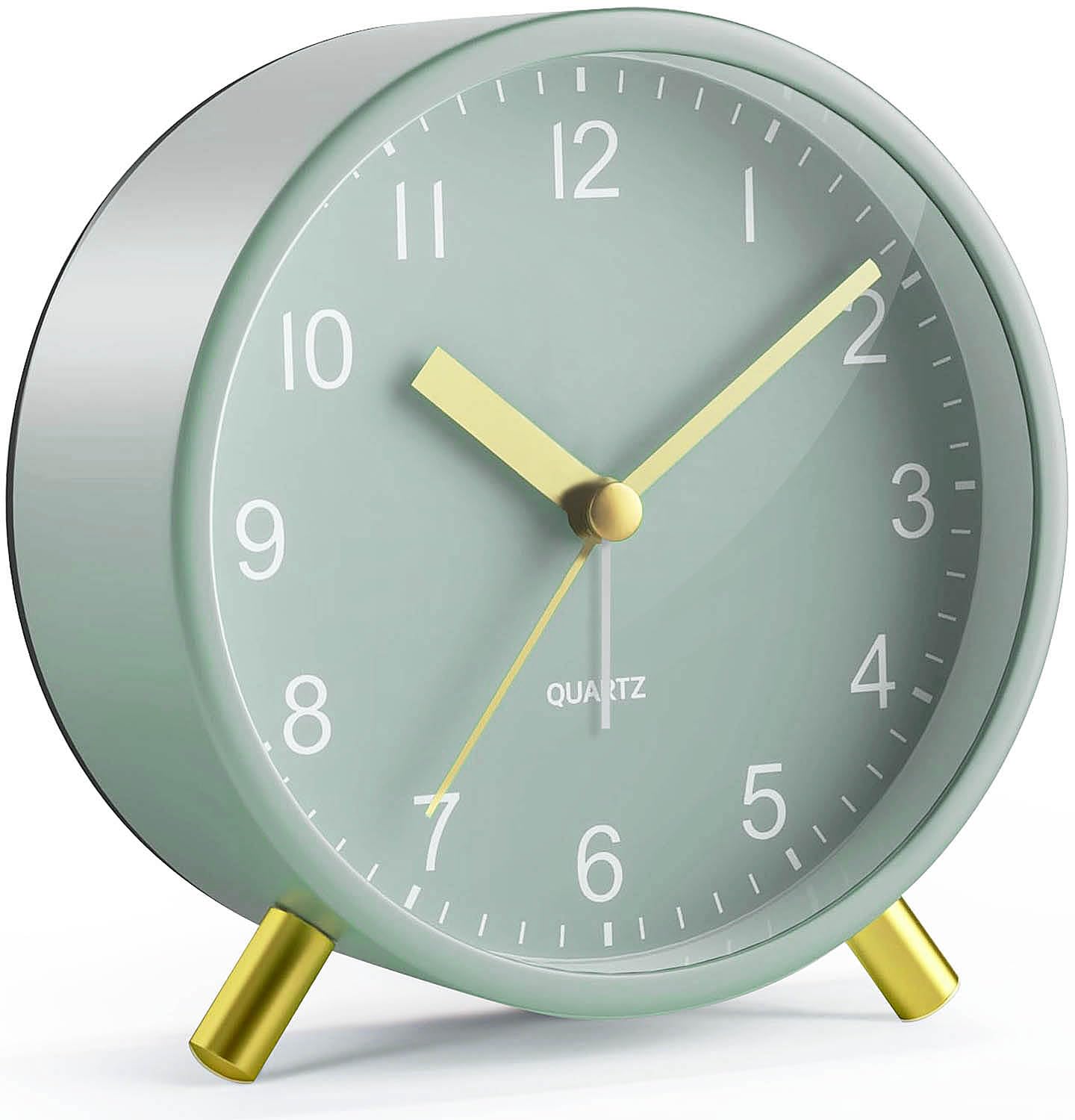Jisile Wecker Analog, Wecker Ohne Tickgeräusche, Moderner Quarzwecker mit goldenem Ständer, Salbeigrün Zifferblatt, Retro Wecker, Batterie Operated, Schlafzimmer Uhr