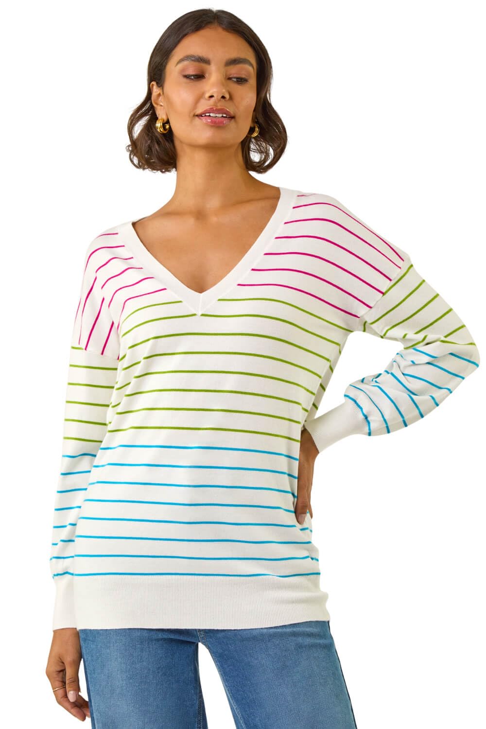 Roman Women's Ivory Stripe Boyfriend Knit Jumper In | : Size 10