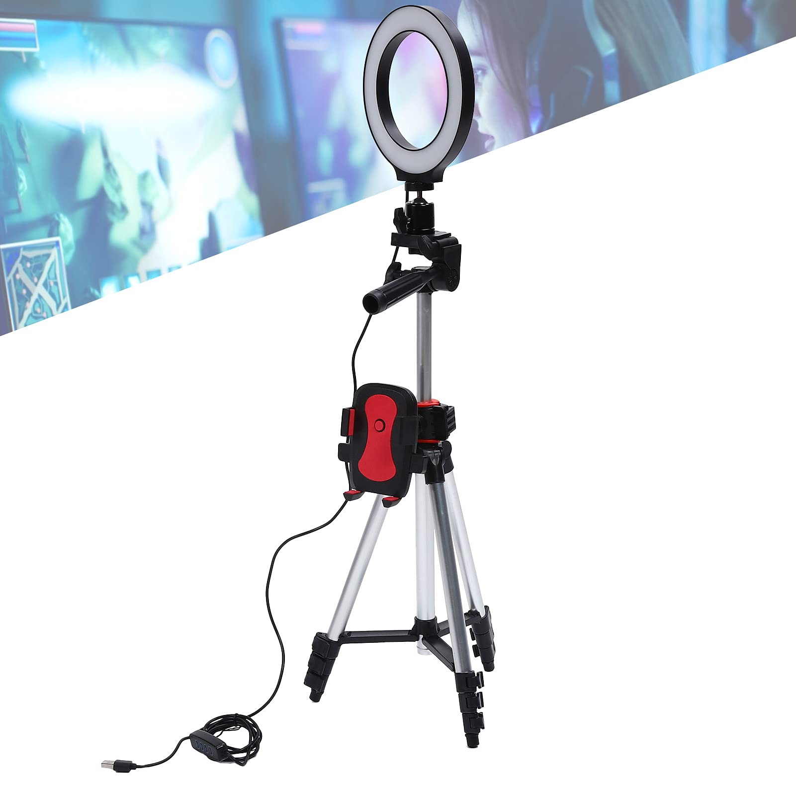 Anello Luminoso a LED Dimmerabile con Treppiedi per Studio Video di Trucco, Lega di Alluminio, Diametro Anello di 6,2 Pollici, Alimentato Tramite USB per Lampada da Scrivania o da Terra