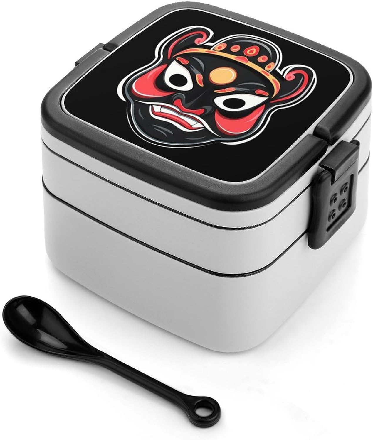 Chinese Beijing Opera Facial Mask Oriental Bento Box with Spoon 2 Layer Food Container Cute Lunch Box for Travel Dining Work
