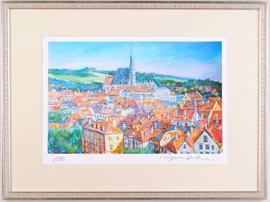 風景画　水彩画　チェスキー・クロムロフ(チェコ)の町並を望む 風景画 水彩画 チェスキー・クロムロフ(チェコ)の町並を望む