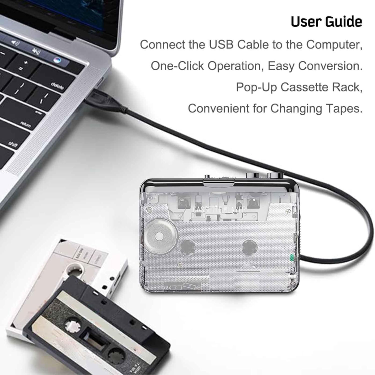 Cassette Tape Player, USB Convert Tapes to MP3 Retro Music Transfer to PC Headphone Jack and Headphone Jack Input Rechargeable Battery USB Powered