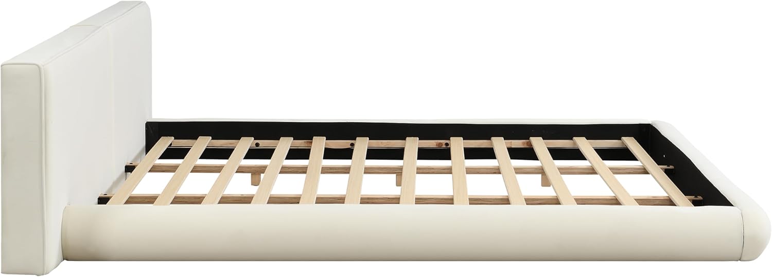 Merax King Size Low Profile Floor-Hugging Platform Bed, Platform Bed Frame with 27.45'' Headboard, 800lb WeightCapacity, Upholstered Modern Bed in Fabric, Cream