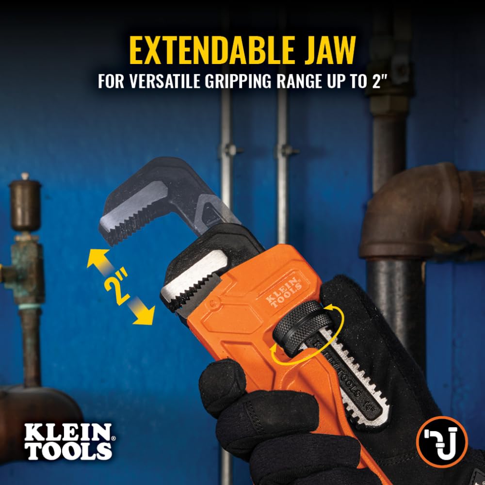 Klein Tools 68227 Llave de tubo de hierro fundido de 14 pulgadas, llave de fontanería ajustable resistente con mango de viga en I, capacidad de mandíbula de 2 pulgadas