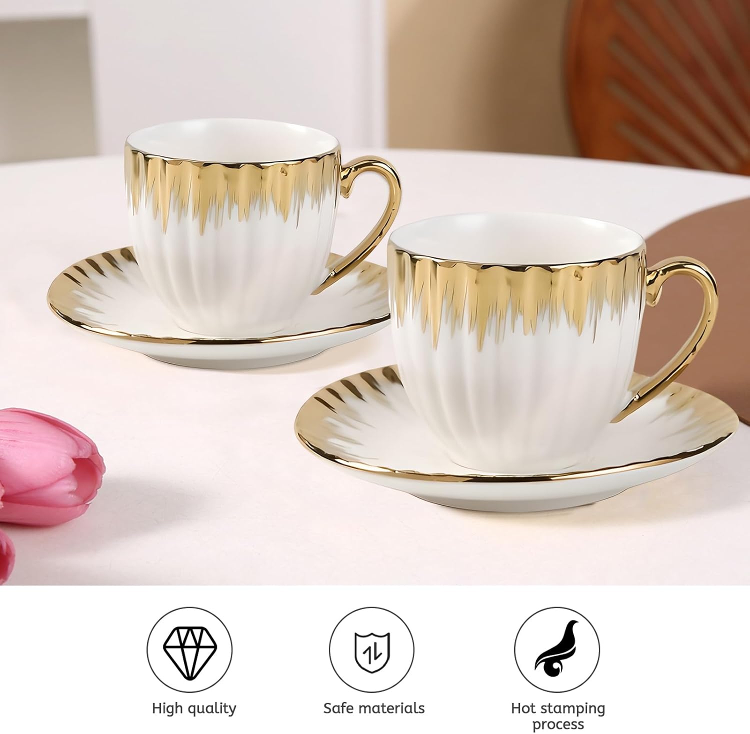 3.5oz Ceramic Turkish Coffee Cup Set of 6, British Italian Cappuccino Cups Porcelain Espresso Cups and Saucers with Gold Trim for Double Espresso Cappuccino Latte Mocha Tea