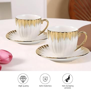 3.5oz Ceramic Turkish Coffee Cup Set of 6, British Italian Cappuccino Cups Porcelain Espresso Cups and Saucers with Gold Trim for Double Espresso Cappuccino Latte Mocha Tea