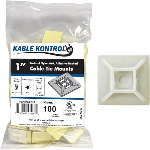 Kable Kontrol Soportes para bridas de cremallera, 1 pulgada cuadrada, blanco natural, 100 unidades, cuadrados de montaje multiusos con respaldo