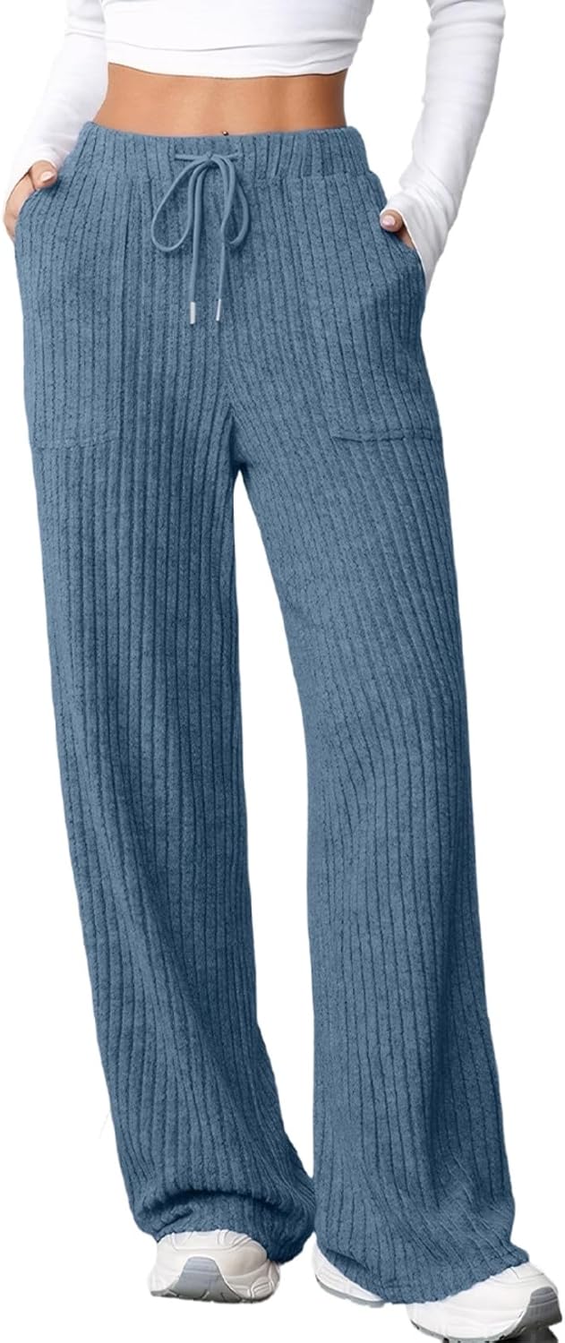 Aleumdr Womens Ribbed Wide Leg Lounge Pants with Pockets Casual Relaxed Comfy Loose Soft Knit Pajama Pants with Drawstring