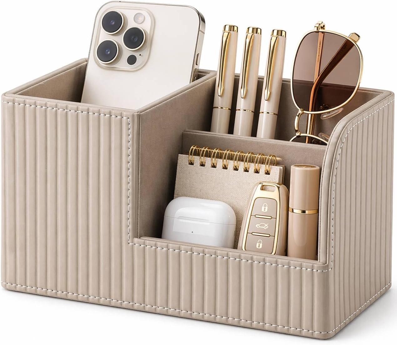 Pot à crayons beige avec 3 poches pour organiser votre télétravail