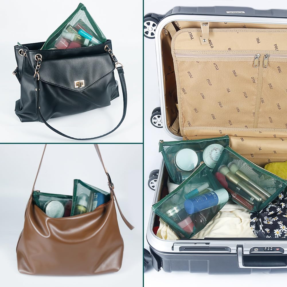 3pcs Mesh Cosmetic Bags, Nylon Makeup Pouches with Leather Pull and Golden Zipper for Purse Diaper Bag (Emerald Green)