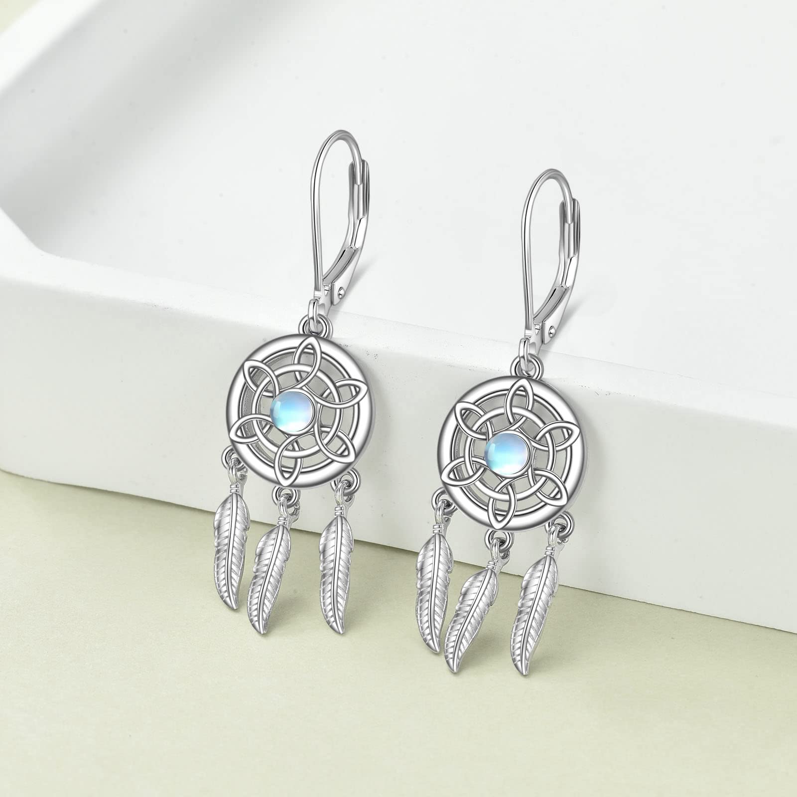 VONALA Pendientes de atrapasueños, plata de ley 925, piedra lunar, cierre de palanca, plumas celtas, colgantes, joyería bohemia, regalos para mujer