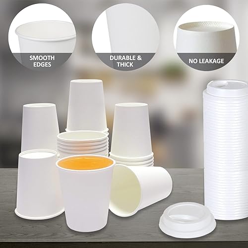 Miniatura 5 de Smygoods Tazas de café de papel desechables blancas con tapas (8 onzas, 50 unidades) para bebidas calientes, té, espresso, cacao, recipientes para