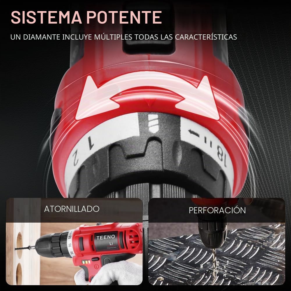 TEENO - Taladro atornillador inalámbrico PSR 21V + 2 baterías de litio + 41 accesorios + guantes profesionales