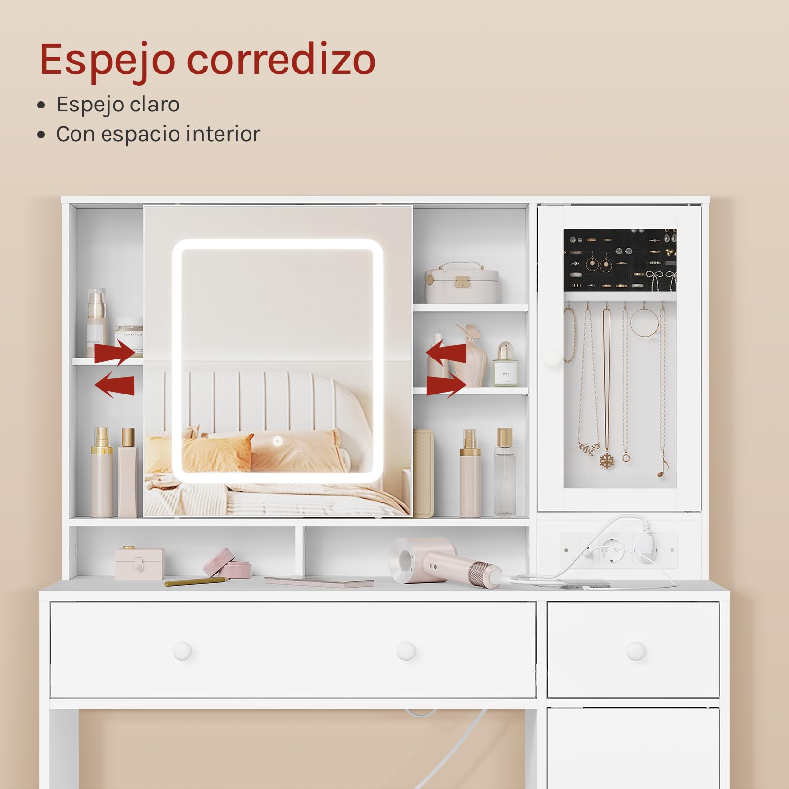 WOLTU Tocador Maquillaje con Joyero, Espejo Luz LED Ajustable, Mesa Tocador Maquillaje con Enchufes, Cajones y Estantes, Blanca, MB6125ws