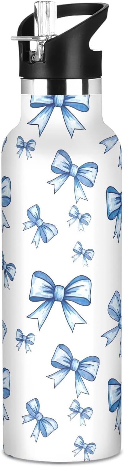 Kids Water Bottle for School 20 Oz Water Bottle Insulated for Boys Girls, BPA-Free, Blue Bows White