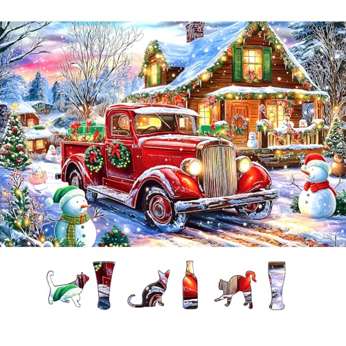 500 Piece Puzzles for Adults Christmas Winter Wonderland Village Cabin Scene with Vintage Truck Snowman & Cozy Cabin at Country Night Festive Jigsaw Puzzle Holiday Lights Festive Gifts for Family