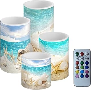 Flameless Candles Battery Powered with Multicolor Timer Remote Control Everlasting Fake Candles for Party Garden Indoor Outdoor Coastal Decor, Beach Coastal Multi