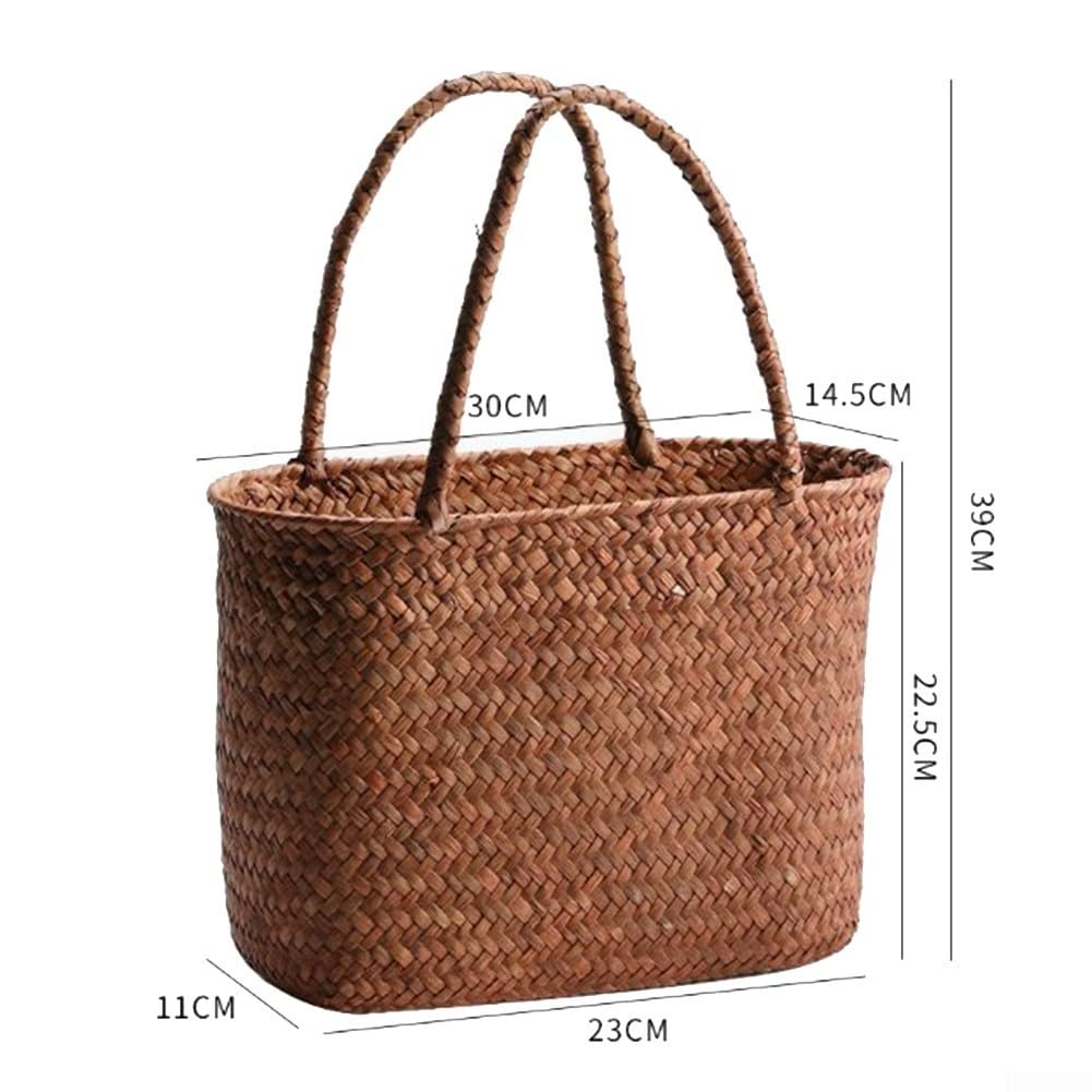 Panier en osier fabriqué à la main avec poignée robuste, panier de pique-nique tressé en paille pour le rangement du jardin et de la plage (marron)