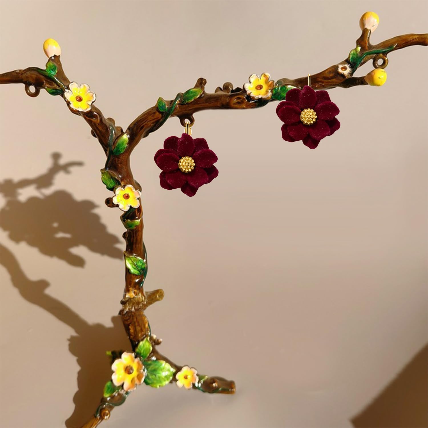 Vintage Plucked Resin Red Rose Camellia Flower Leverback Dangle Drop Earrings For Women - Image 6