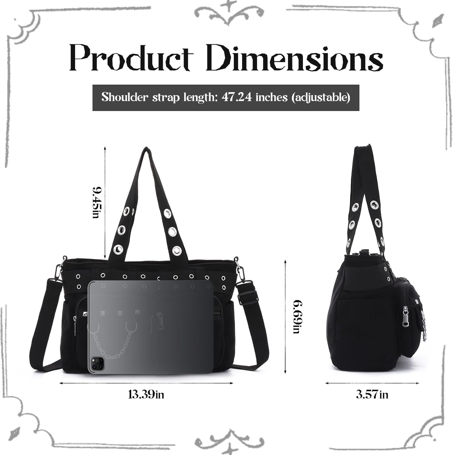 SUKUTU Goth Tote Bag for Women Corduroy Gothic Purse Large Punk Shoulder Bag for College Work Travel