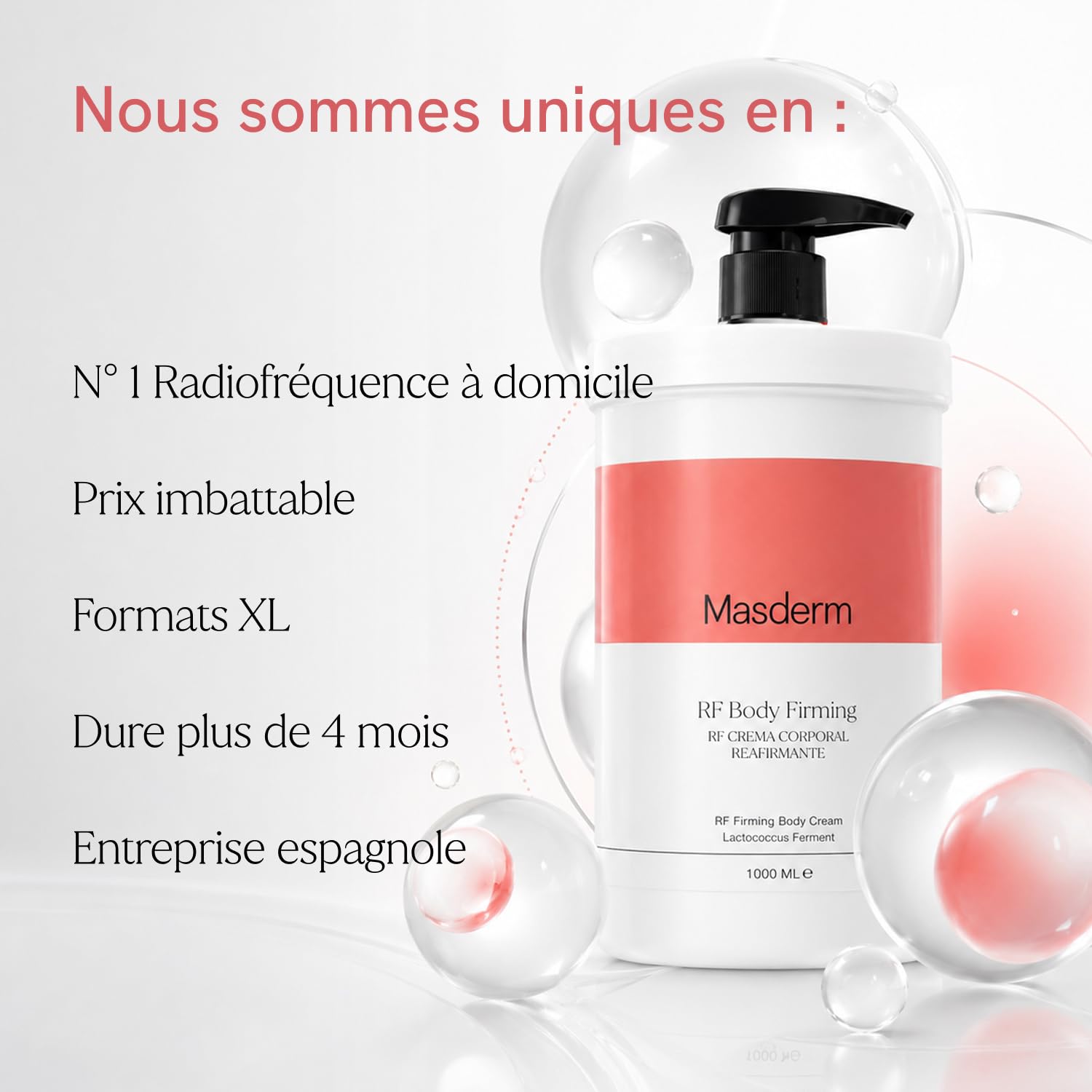 MASDERM | Gel-Crème Corps Ultrasons Raffermissant Radiofréquence | 1000 ml | Professionnel | Femme | Cavitation | Hydratant | Lumière LED | Abdominale, Ceinture et Ventre | Electrostimulateur