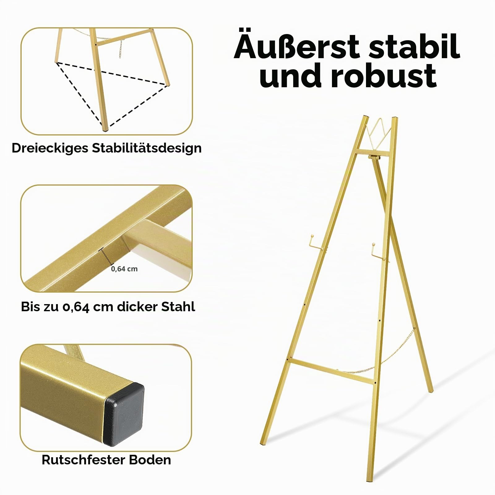 WATIHERE Goldener Staffelei-Ständer für Hochzeitsschilder, keine Montage erforderlich, verstellbar, stabiles Display für Kunst, Gemälde, Poster, Bilder und Heimdekoration