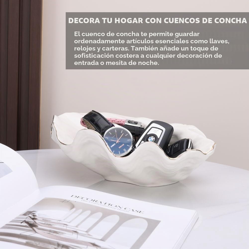 Cuenco Decorativo de Conchas Blancas del Mar - Jarrón Grande en Forma de Concha, Cuenco para Frutas, Llaves, Dulces, Centros de Mesa Costeños para Entrada, Sala de Estar, Baño, Casa de Playa
