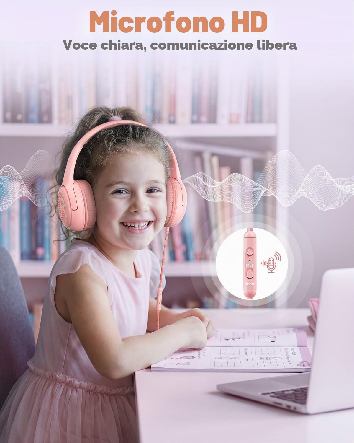 Cuffie per Bambini con Microfono, Limitazione Volume 85/94 dB, Jack 3,5 mm, Design Pieghevole, On-ear (Rosa)
