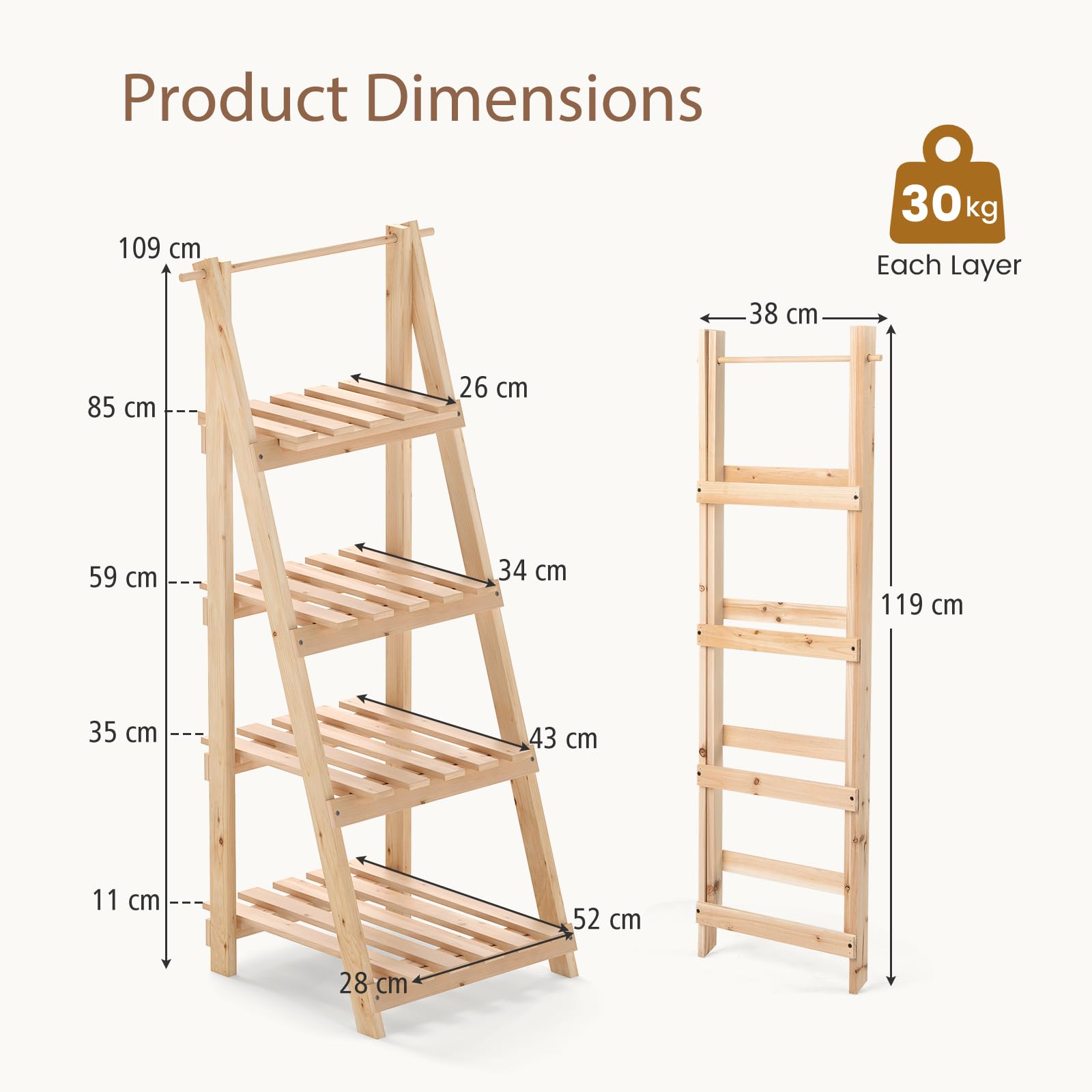 HOMASIS Porte-plantes d'intérieur à 4 étagères, étagère présentoir à escalier en bois d'épicéa, support pour plantes pliable et multifonctionnel pour salon, entrée, 38 x 52 x 109 cm, naturel