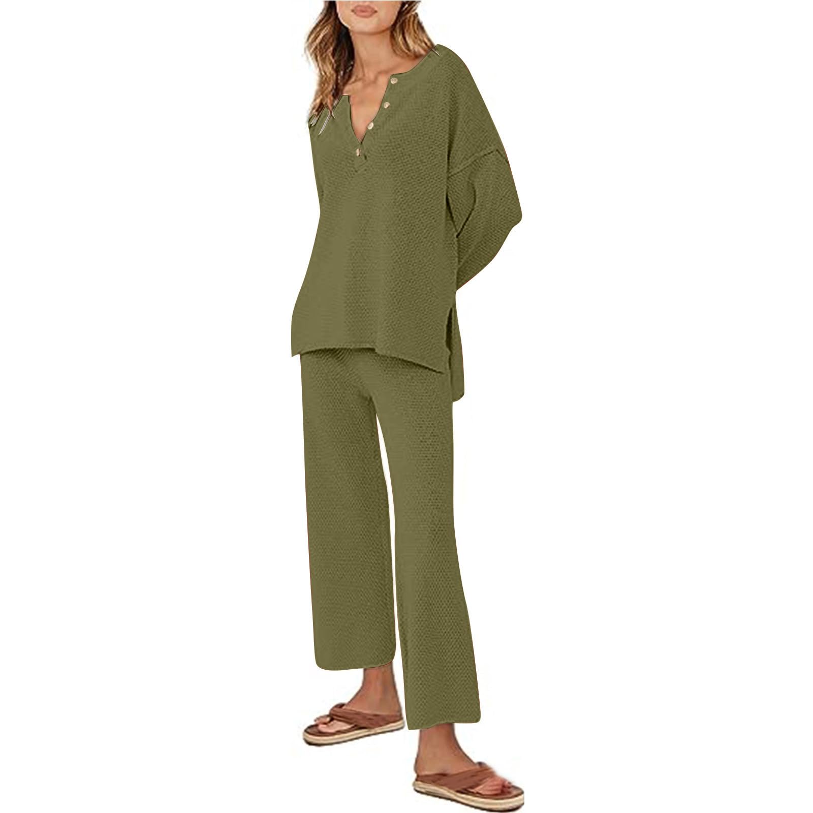 Yolimok Lounge Wear Sets for Women UK Knitted Co Ord Sets Going Out 2 Piece Long Sleeve Pullover Sweater Top and Wide Leg Pants Set Pajamas Outfits Modest Leisure Wear for Women Fall Clothing Sets
