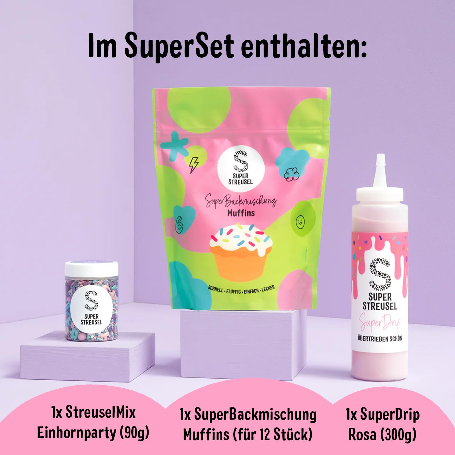 Super Streusel Einhorn Muffin Backset – Muffin Backmischung + SuperDrip Rosa 300 g + EinhornParty Streusel 90 g