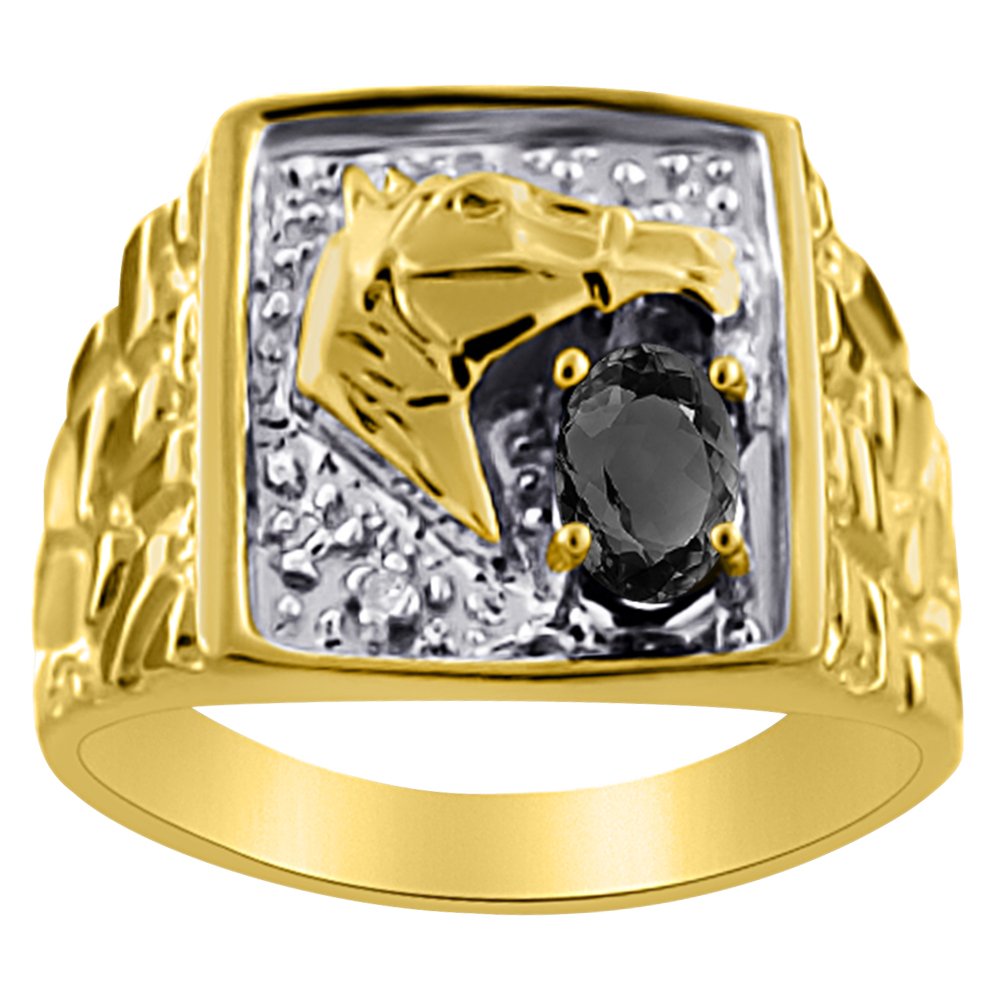 Rylos Anillo de diamante y ónix amarillo de 14 quilates o oro blanco de 14 quilates cabeza de caballo de la suerte
