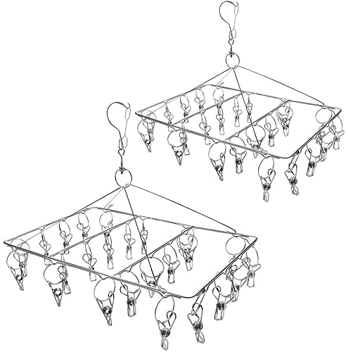 Sock Hanging with 24 Pegs - 2 Pack Stainless Steel Sock Hanger Drying Rack with Swivel Hook - Windproof Laundry Hanger for Socks, Underwear, Baby Clothes and Hats