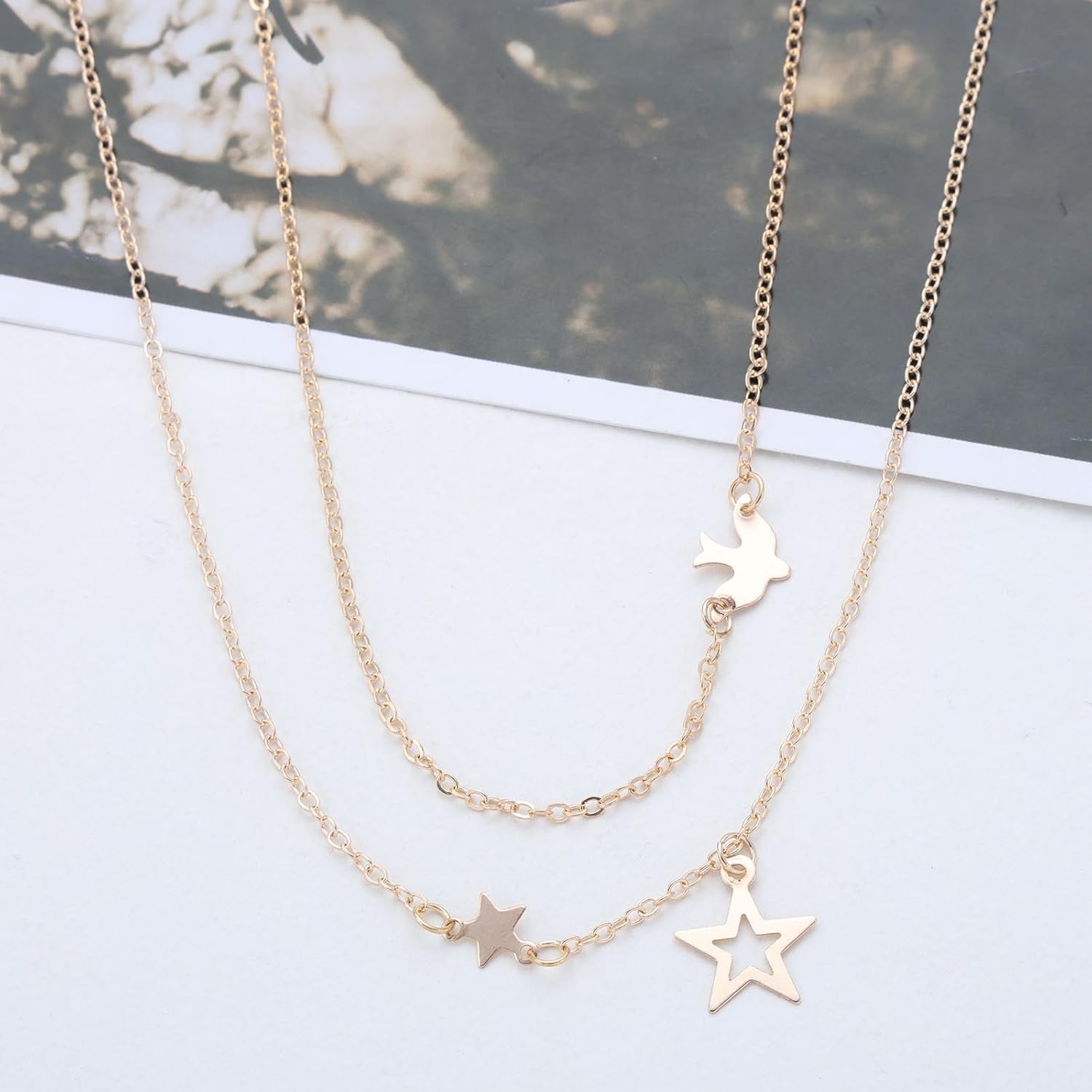 Bohemian Layered Star Choker Necklace Gold Peace Dove Collar Necklace Metal Hollow Star Pendant Necklaces Minimalist Dove Bird Chain Necklaces Jewelry for Women - Image 3