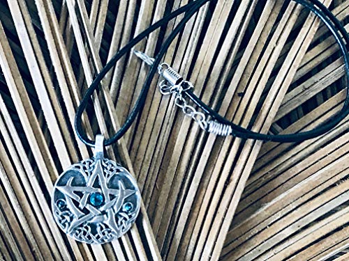 Pewter Lunar Pentagram Pendant On Leather W/Swarovski Crystal Teal Blue December Birthday #TOP5
