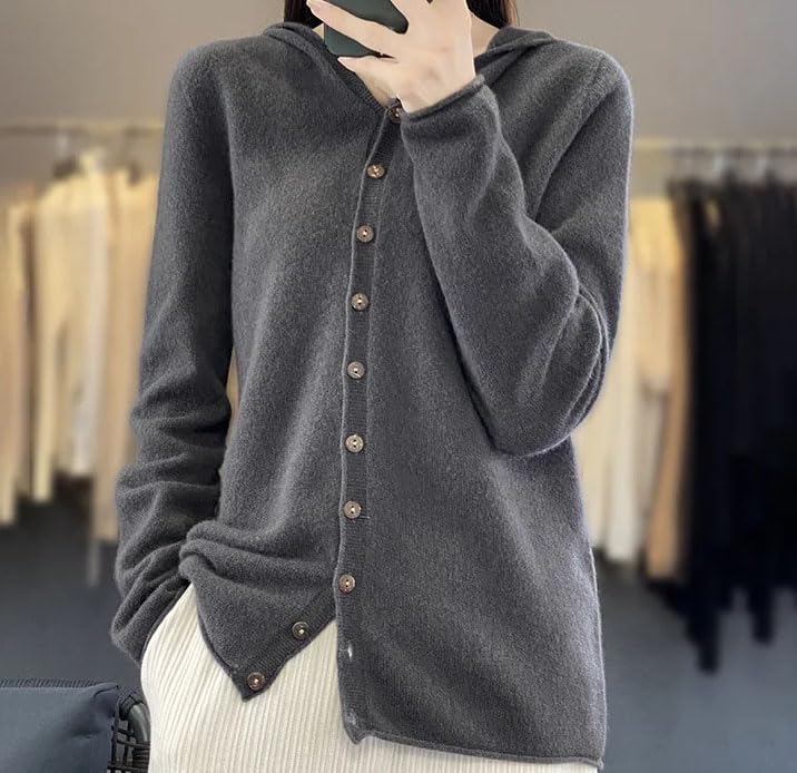 Maglione da donna in lana con cappuccio, tinta unita, a maniche lunghe, lavorato a maglia