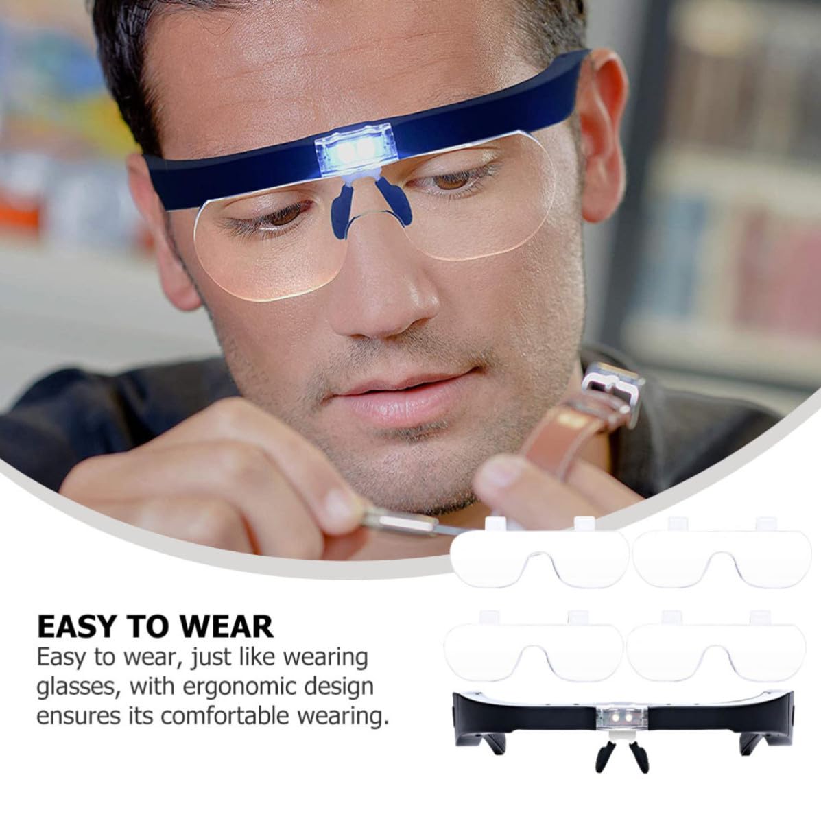 POPETPOP Lupa de Lectura Lupa Montada Cabeza Luz LED Recargable, 4 Grupos de Lentes, Negra, para Bordado y Coleccionismo de Antigüedades, para Seniors y Joyeros