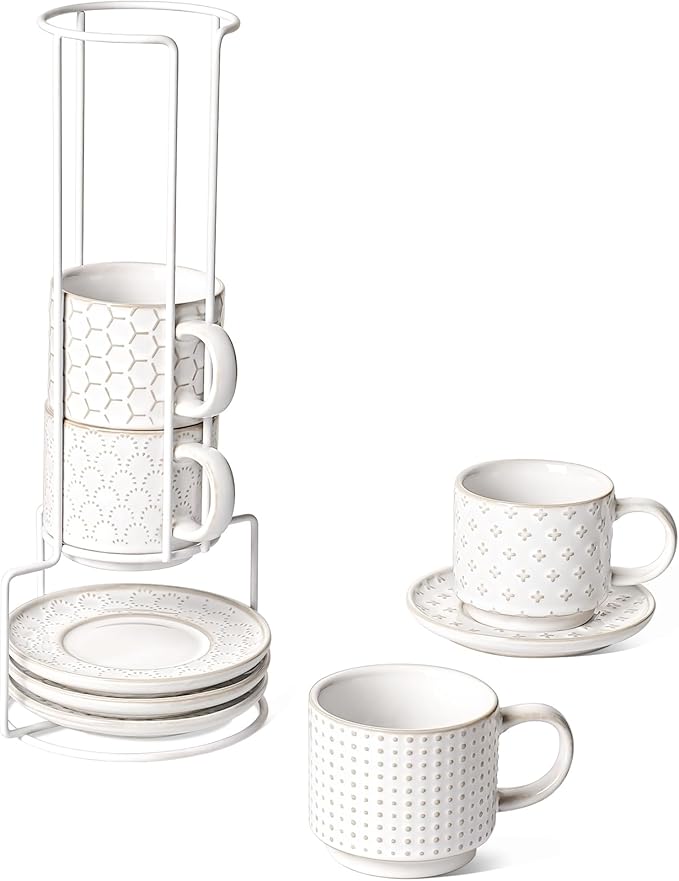 LE TAUCI Stackable Espresso Cups with Saucers and Stand, Ceramic Coffee Mugs for Au Lait, Cappuccino,Latte, Cafe,Mocha,Tea, Suit For Housewarming Wedding- 6 oz, Set of 4, Arctic white