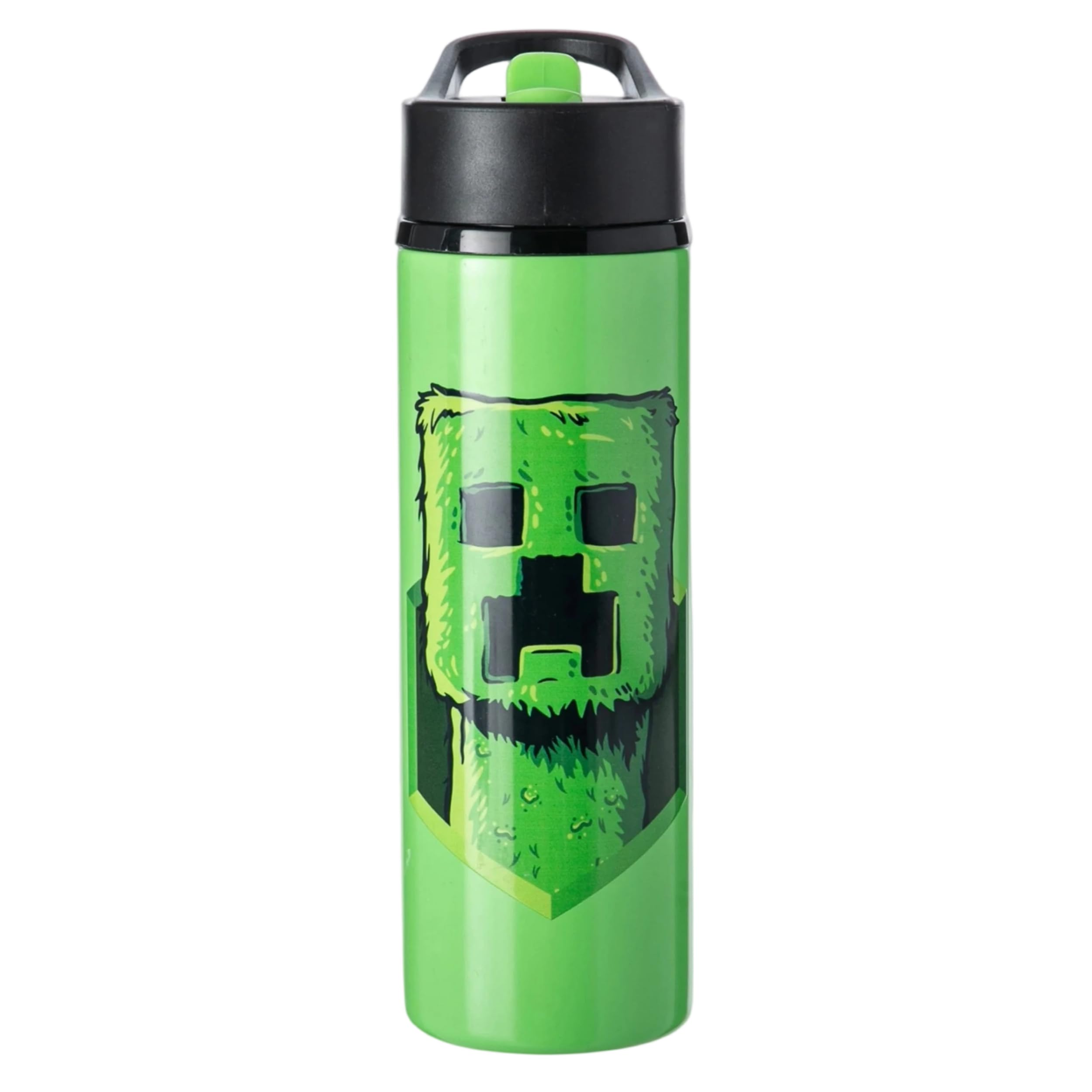 HOX Minecraft Creeper Steel Water Bottle 750ml - Lightweight Steel Sports Drinks Bottle with Flip-Top Spout - Leak Proof + Carry Handle, Green