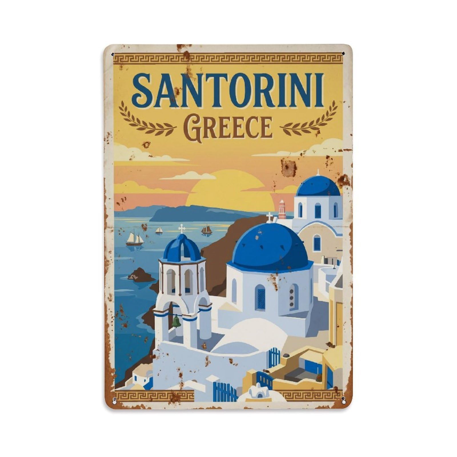 Fyrn Style Metal Tin Sign Vintage Travel Santorini Greece Domes