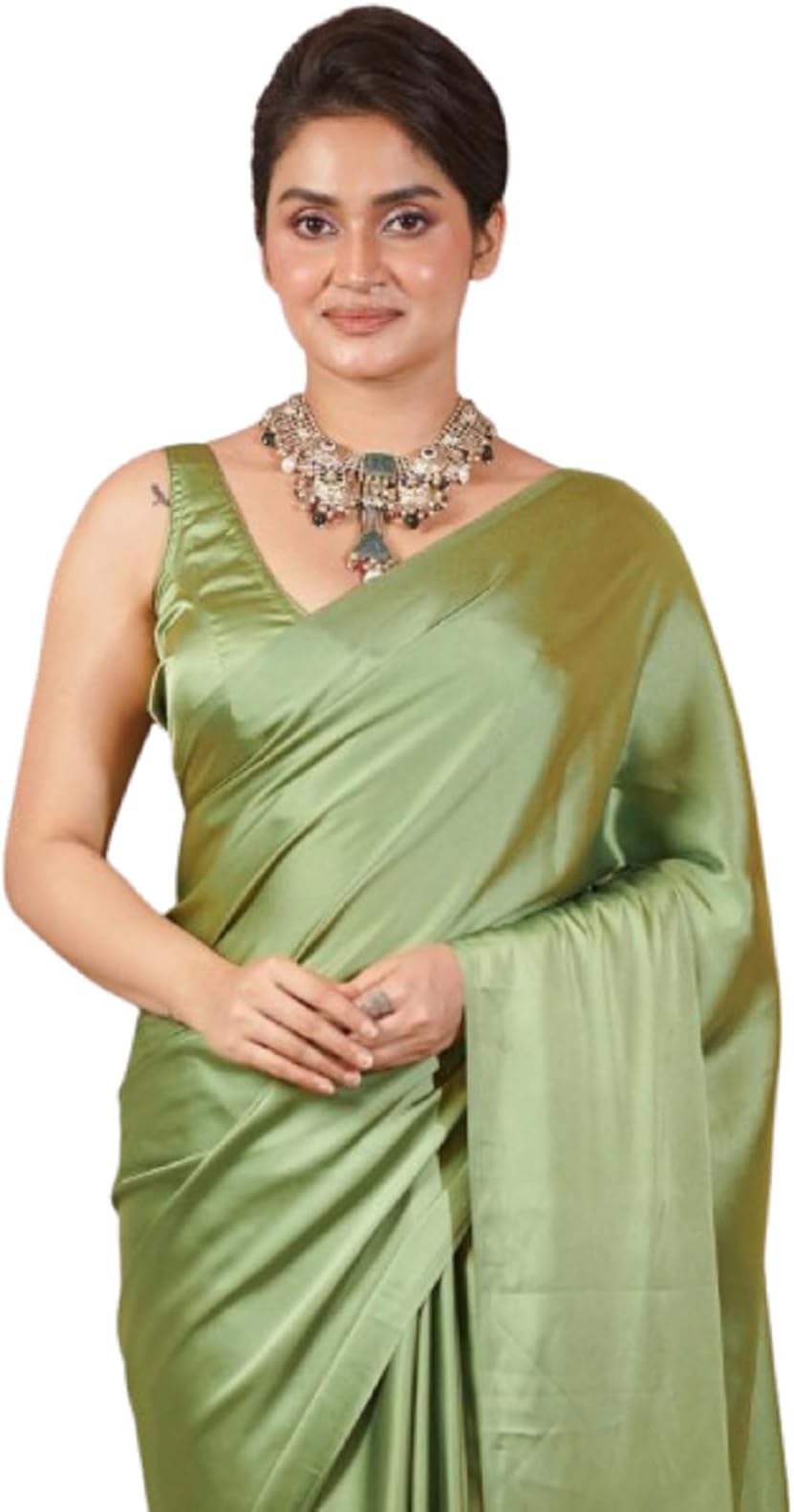 SHOPAZ Women's Ready to Wear Moss Green Satin Silk 1 Minute Pre Pleated Heavy Saree with Hand Work Tassels