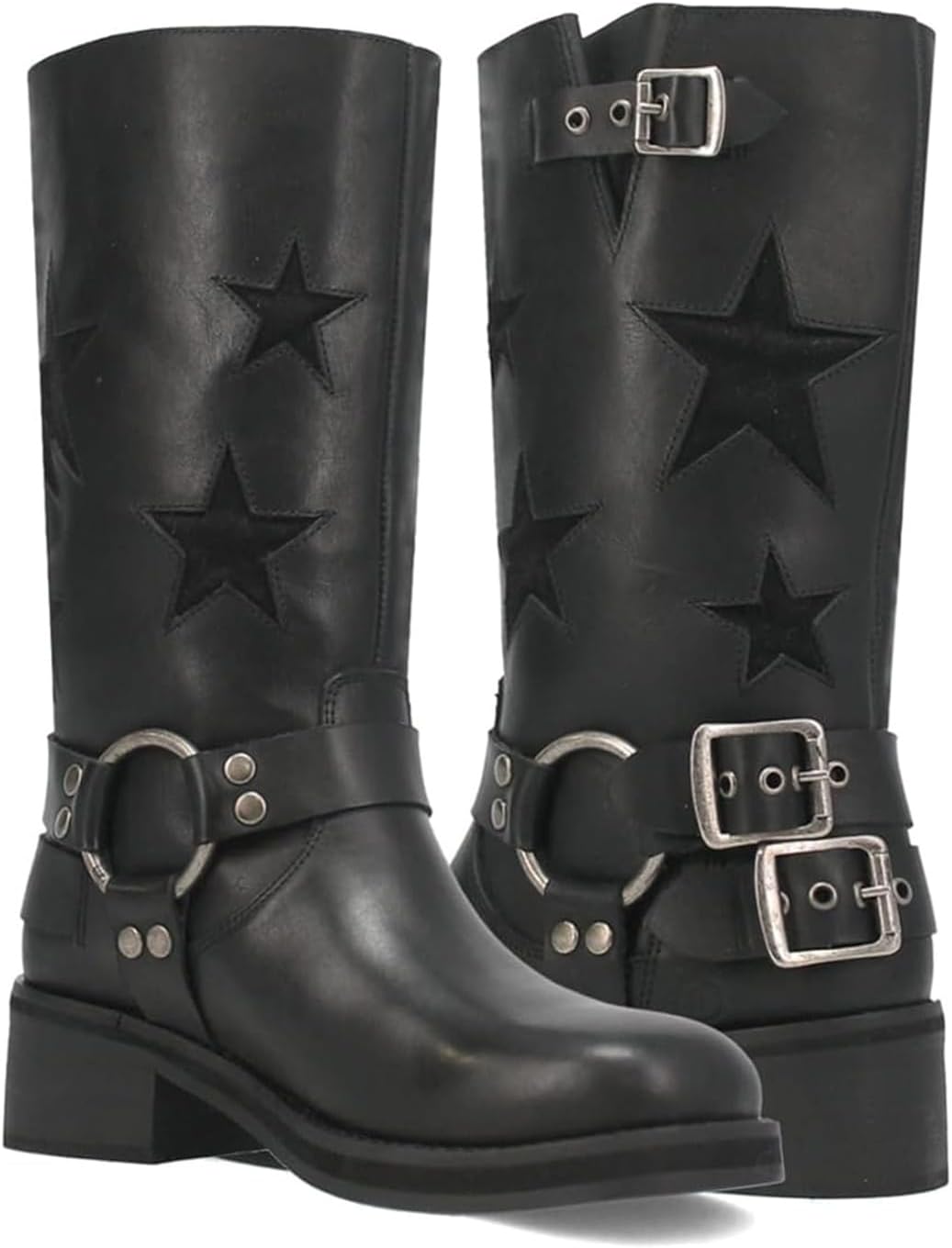 Goolita Women's Buckle Biker Knee High Boots Square Toe Chunky Heel Star Moto Mid Calf Boots Slip On Motorcycle Riding Boot - Image 3
