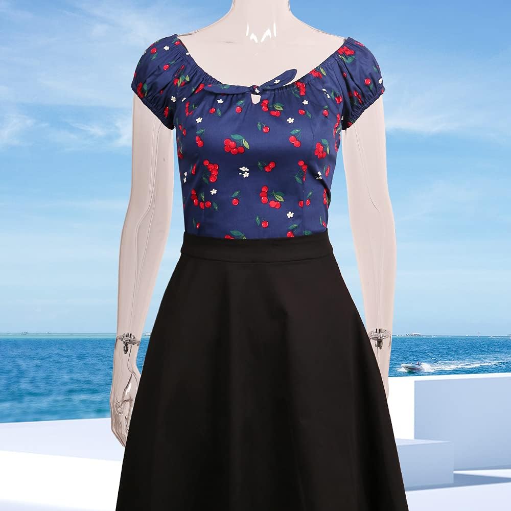 YARN & INK Women's Pinup Shirt 1950s Vintage Rockabilly Puff Sleeve BowBlouse Off Shoulder Tops - Image 2