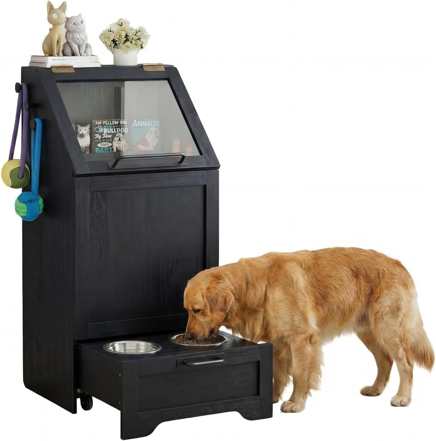 Garvee Station d'alimentation pour Chiens, Meuble d'armoire Alimentaire avec 2 Gamelles Surélevées pour Chien, Boîte de Rangement 3 Crochets, Organisateur de Jouets pourAnimaux Domestiques