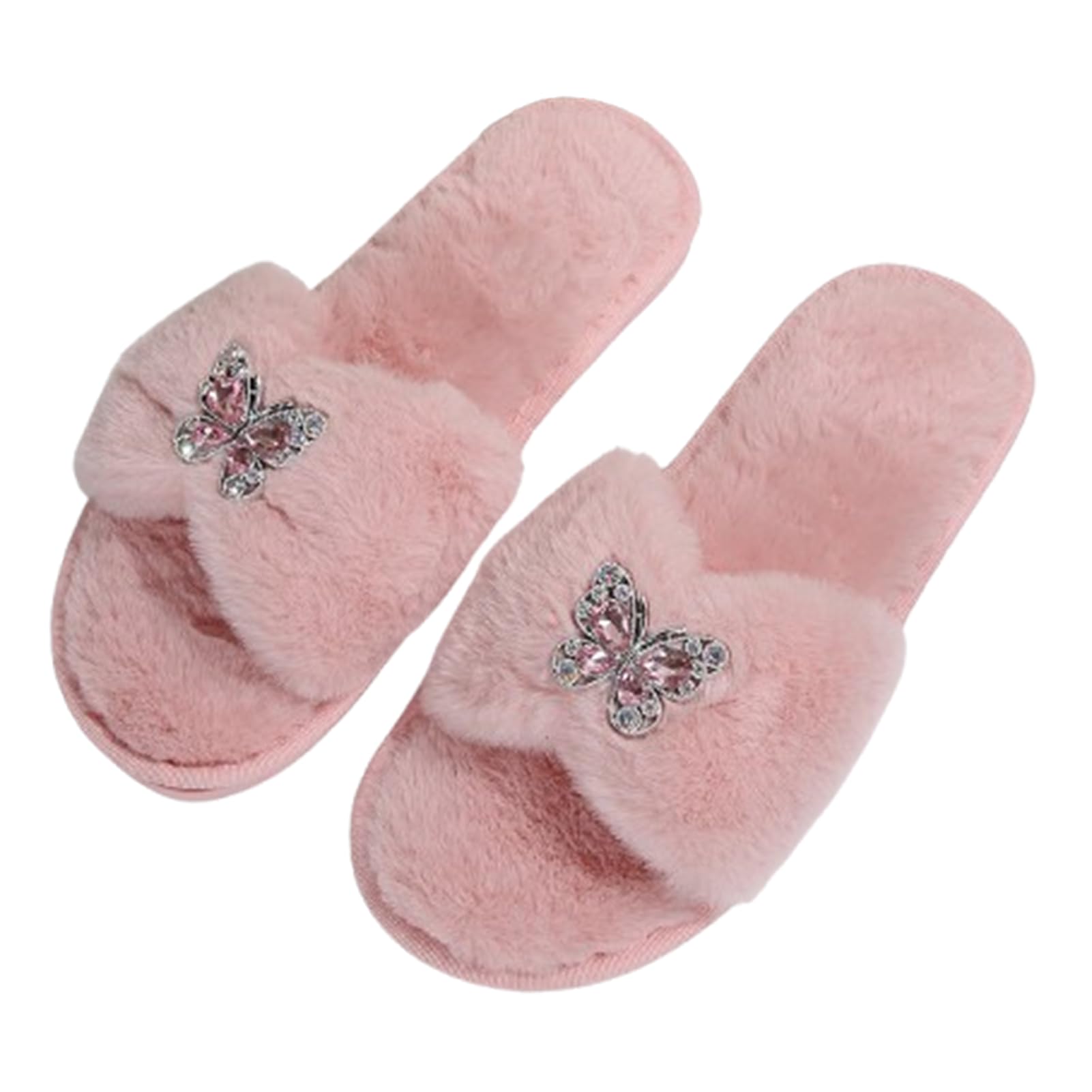 Pantuflas Forma De Mariposa Pedrería Hueca Suave Y Afelpado Cálidas Sandalias Punta Abierta Zapatillas En Casa