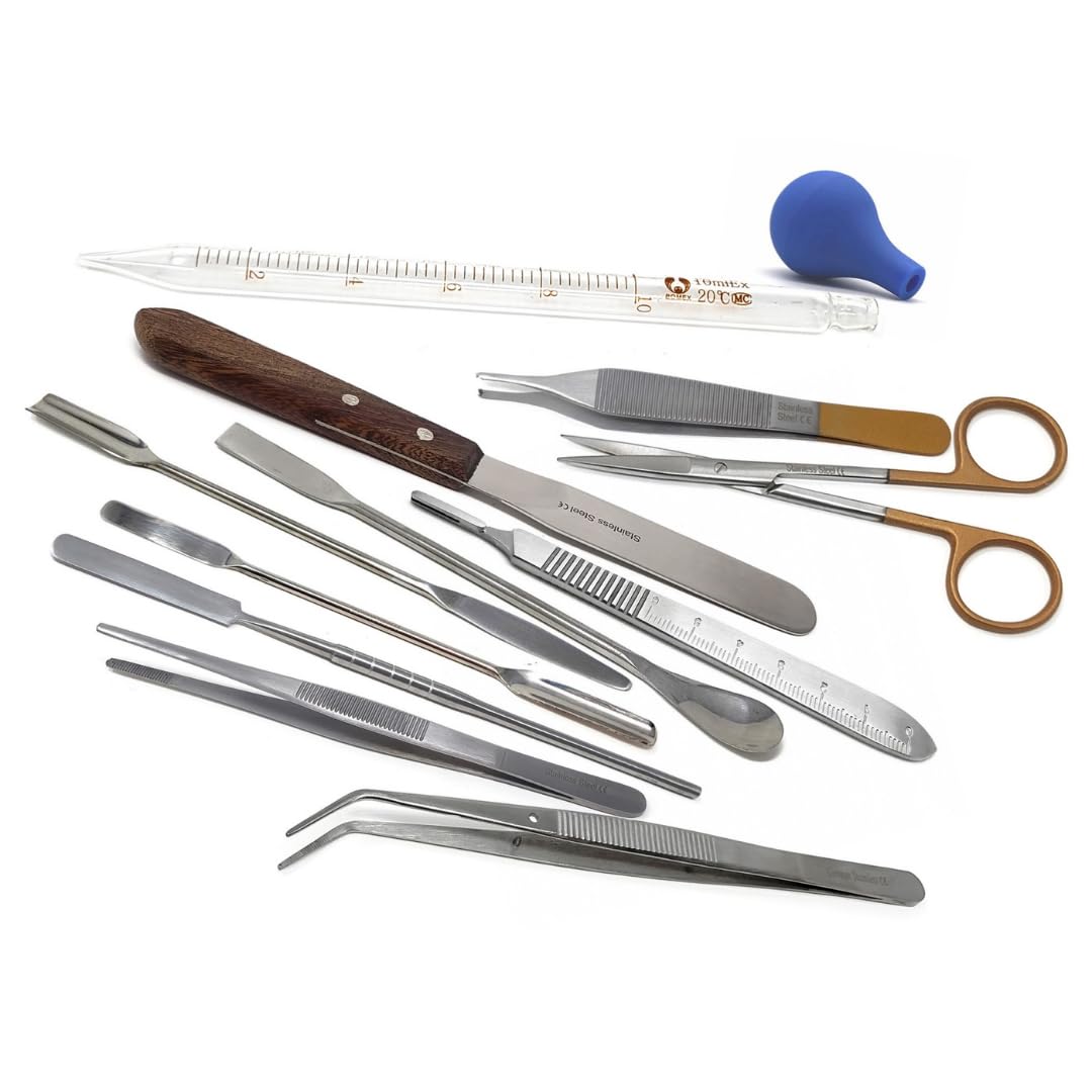 Multifunction Scientific Lab Tools Basic Starter Biology Chemistry Set includes Stainless Steel Micro Sampling Spoon Scoop Spatulas, Forceps, Scissors, Scalpel Handle, Glass Pipette - 11Pcs